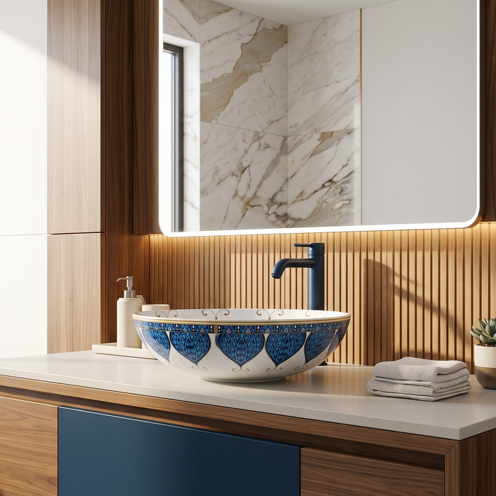 Decorative round table top wash basin 400 × 400 × 125 mm with glossy white finish, intricate blue and gold pattern, designed for luxury modern bathrooms.