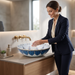 Decorative round table top wash basin 400 × 400 × 125 mm with glossy white finish, intricate blue and gold pattern, designed for luxury modern bathrooms.