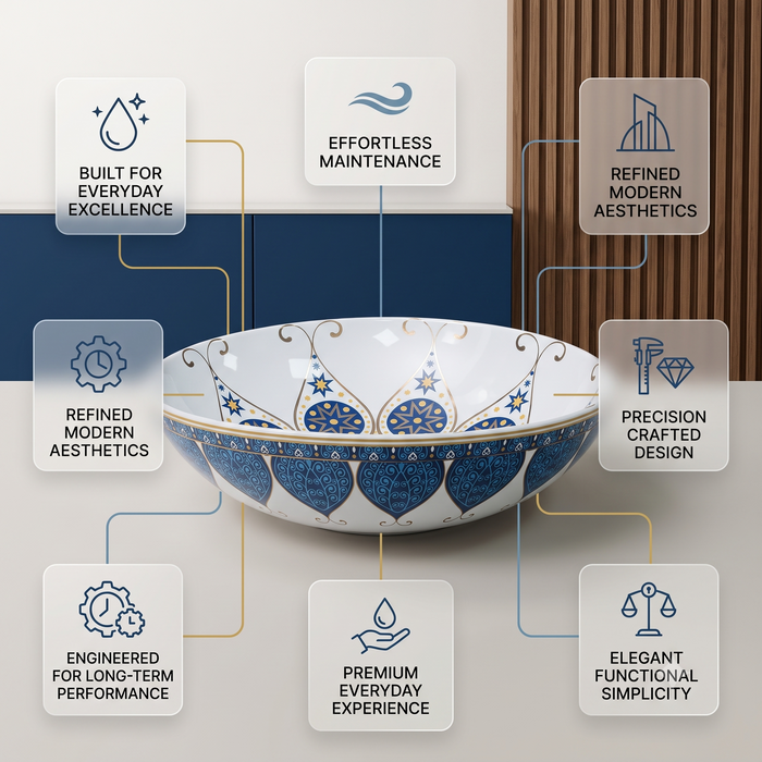 Decorative round table top wash basin 400 × 400 × 125 mm with glossy white finish, intricate blue and gold pattern, designed for luxury modern bathrooms.