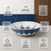Decorative round table top wash basin 400 × 400 × 125 mm with glossy white finish, intricate blue and gold pattern, designed for luxury modern bathrooms.