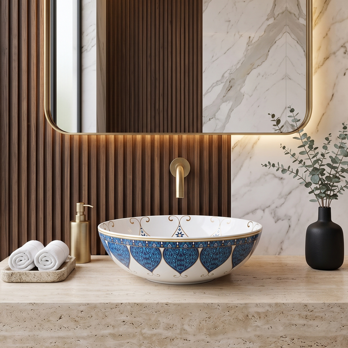 Decorative round table top wash basin 400 × 400 × 125 mm with glossy white finish, intricate blue and gold pattern, designed for luxury modern bathrooms.