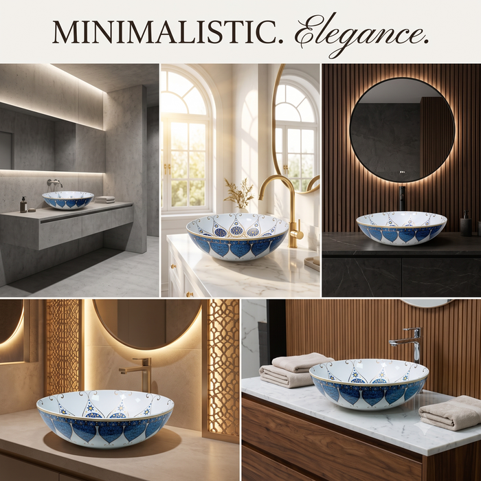 Decorative round table top wash basin 400 × 400 × 125 mm with glossy white finish, intricate blue and gold pattern, designed for luxury modern bathrooms.
