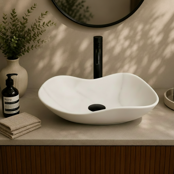 Premium Designer Ceramic Table Top Wash Basin, Matt Marble Finish (20 x 16 x 6.5 In) White