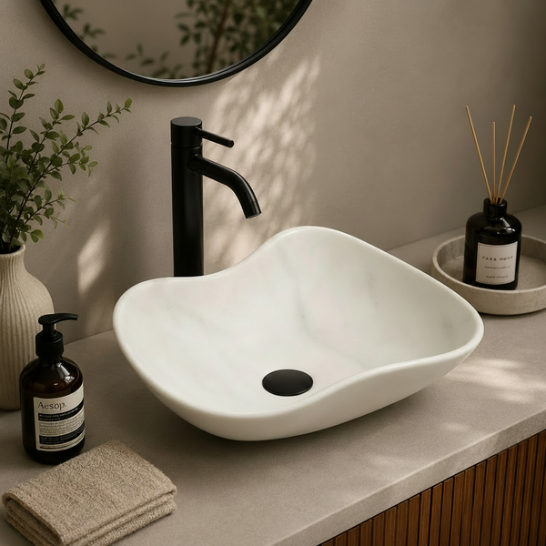 Premium Designer Ceramic Table Top Wash Basin, Matt Marble Finish (20 x 16 x 6.5 In) White