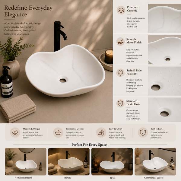 Premium Designer Ceramic Table Top Wash Basin, Matt Marble Finish (20 x 16 x 6.5 In) White