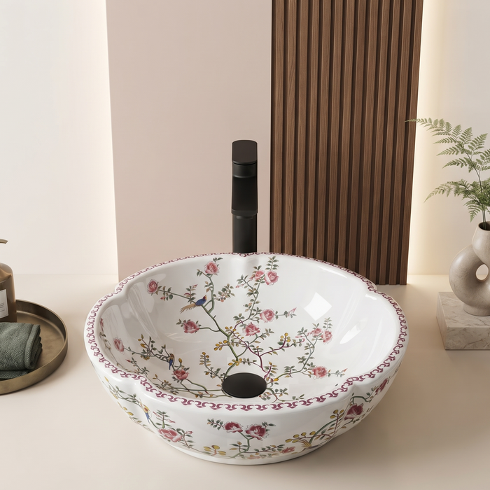 Designer floral ceramic table top wash basin with pink flowers, bird pattern and decorative rim, 420 × 420 × 150 mm countertop basin.