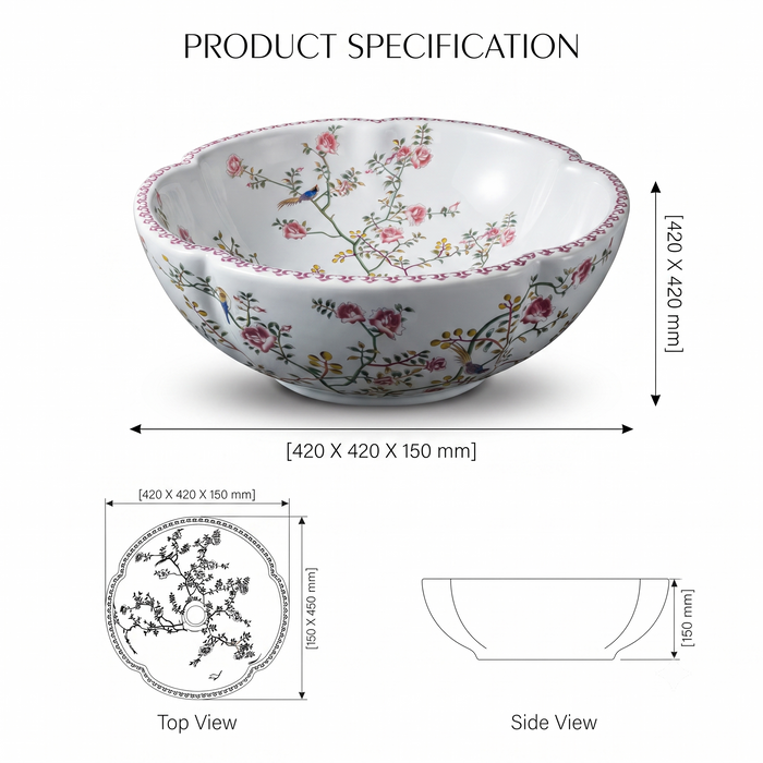 Designer floral ceramic table top wash basin with pink flowers, bird pattern and decorative rim, 420 × 420 × 150 mm countertop basin.