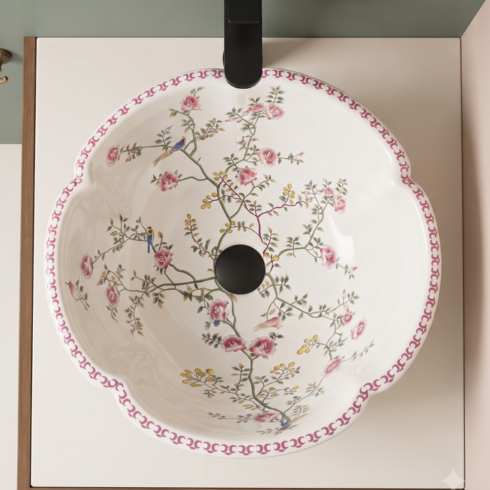 Designer floral ceramic table top wash basin with pink flowers, bird pattern and decorative rim, 420 × 420 × 150 mm countertop basin.