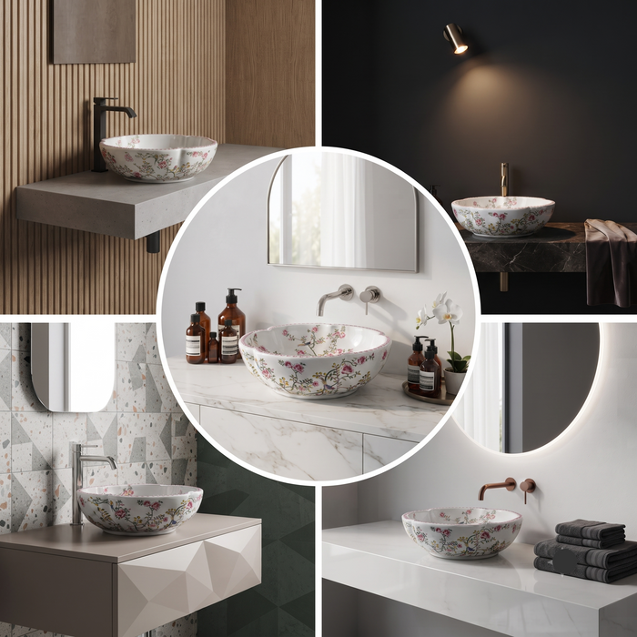 Designer floral ceramic table top wash basin with pink flowers, bird pattern and decorative rim, 420 × 420 × 150 mm countertop basin.