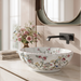 Designer floral ceramic table top wash basin with pink flowers, bird pattern and decorative rim, 420 × 420 × 150 mm countertop basin.