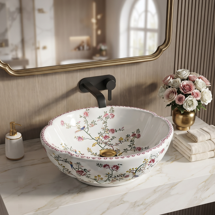 Designer floral ceramic table top wash basin with pink flowers, bird pattern and decorative rim, 420 × 420 × 150 mm countertop basin.