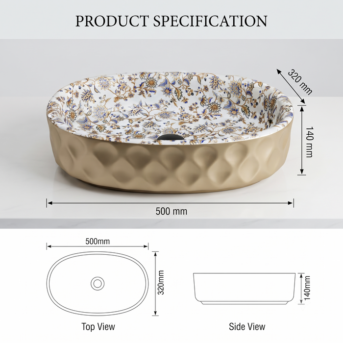 Floral Ceramic Table Top Wash Basin – Glossy Blue & Gold Floral Interior with Matte Beige Textured Exterior for Modern Bathrooms | 20x13x5.5 Inch
