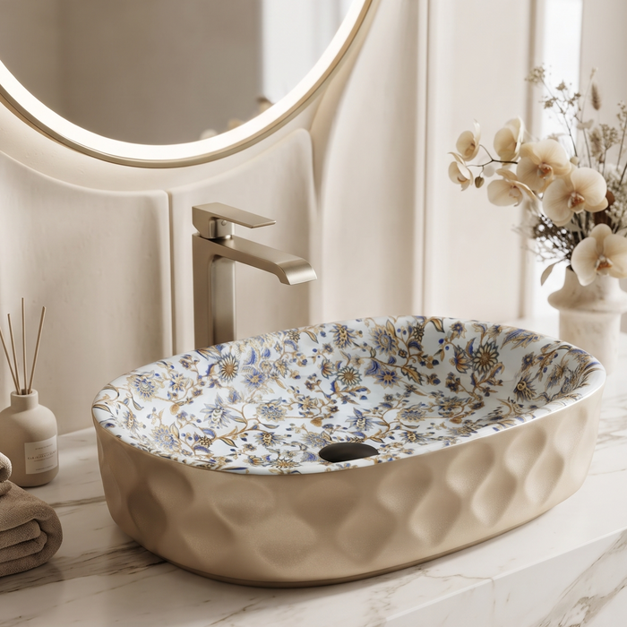 Floral Ceramic Table Top Wash Basin – Glossy Blue & Gold Floral Interior with Matte Beige Textured Exterior for Modern Bathrooms | 20x13x5.5 Inch
