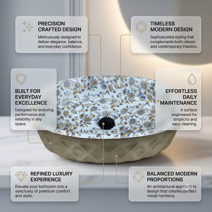 Floral Ceramic Table Top Wash Basin – Glossy Blue & Gold Floral Interior with Matte Beige Textured Exterior for Modern Bathrooms | 20x13x5.5 Inch