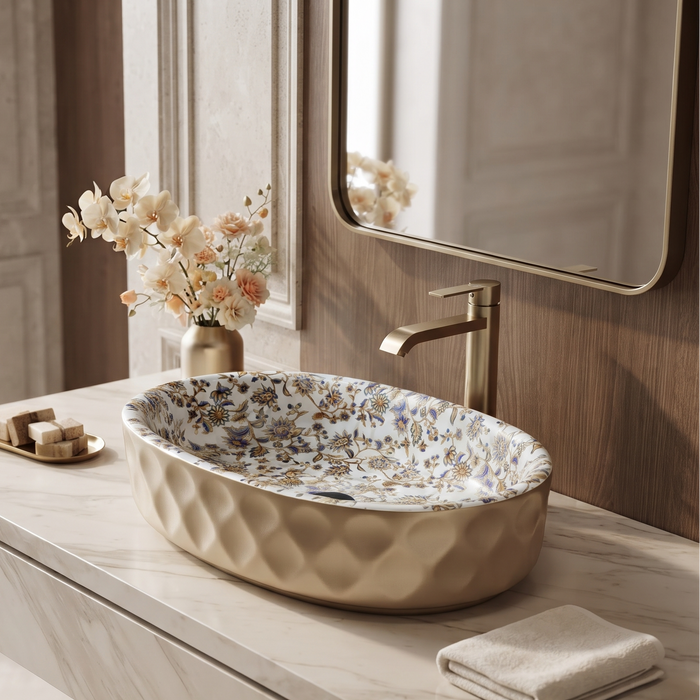 Floral Ceramic Table Top Wash Basin – Glossy Blue & Gold Floral Interior with Matte Beige Textured Exterior for Modern Bathrooms | 20x13x5.5 Inch