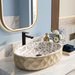 Floral Ceramic Table Top Wash Basin – Glossy Blue & Gold Floral Interior with Matte Beige Textured Exterior for Modern Bathrooms | 20x13x5.5 Inch