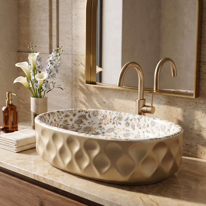 Floral Ceramic Table Top Wash Basin – Glossy Blue & Gold Floral Interior with Matte Beige Textured Exterior for Modern Bathrooms | 20x13x5.5 Inch