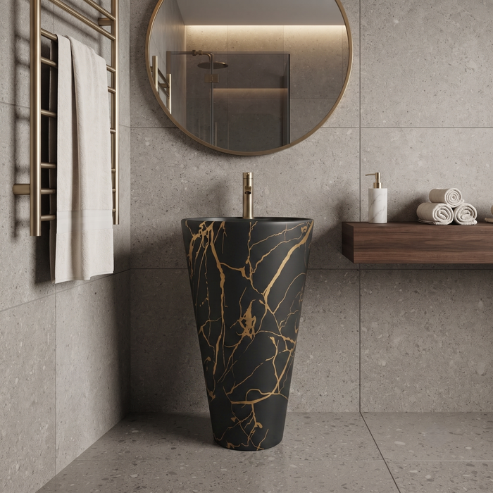Ceramic Pedestal Wash Basin With Tap-Hole | Black-Gold