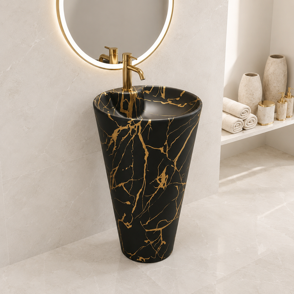 Ceramic Pedestal Wash Basin With Tap-Hole | Black&Gold Marble | Matte | 18x18x33 Inch