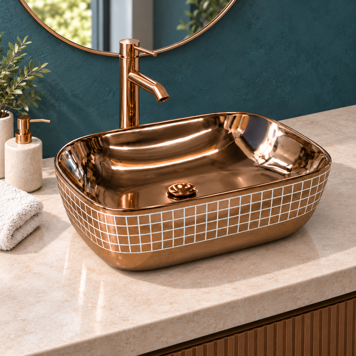 Luxury Gold Rectangular Wash Basin | Gloss Ceramic Counter Top Basin | 18x13x5 inch | Rose Gold