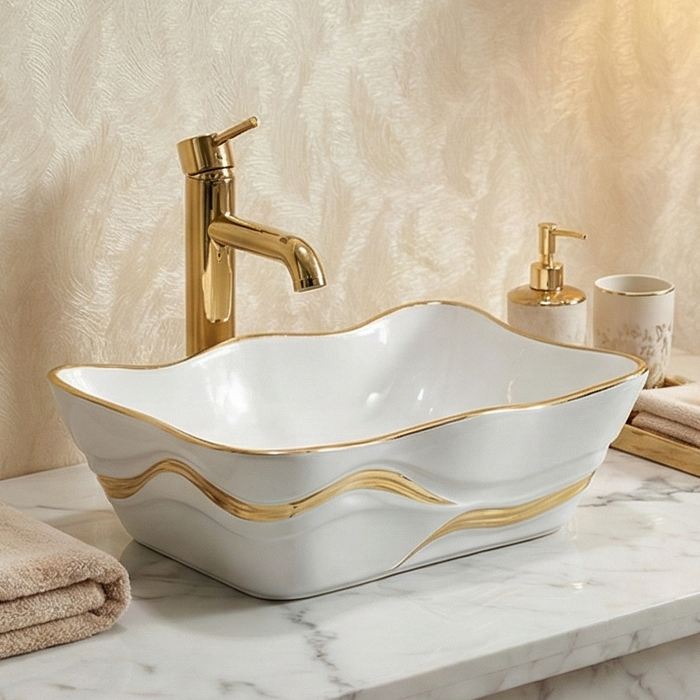 Premium Designer Ceramic Table Top Wash Basin, White with Gold Glossy (20 x 15 x 6 In) White
