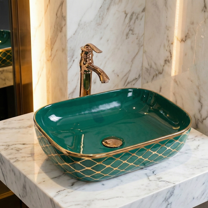 Luxury Green & Gold Countertop Wash Basin | Designer Table Top Basin (18" × 13" × 5" IN)