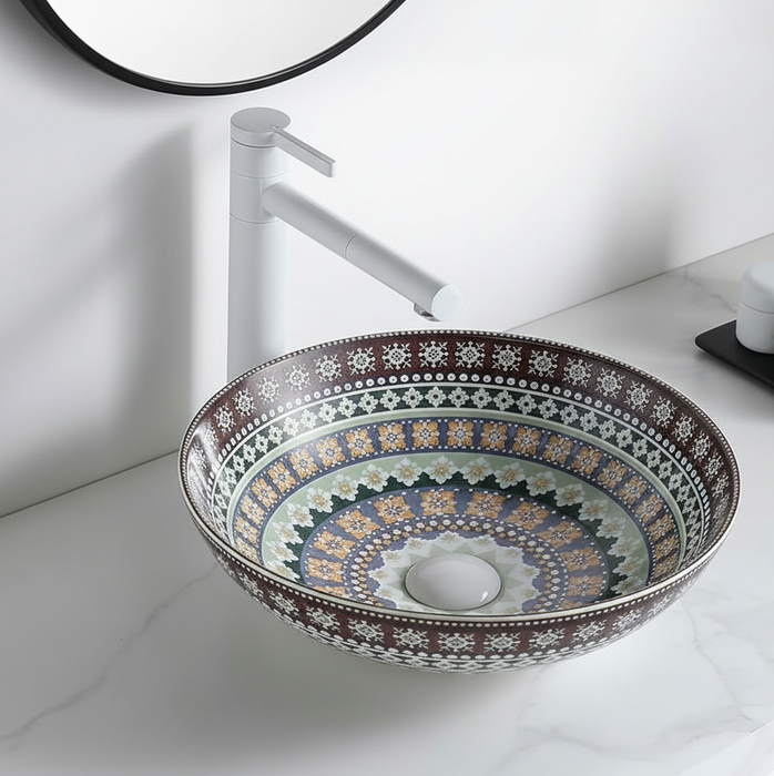 Designer Round Ceramic Countertop Basin Traditional Multicolor Pattern (16 x 16 x5 In- AB676)