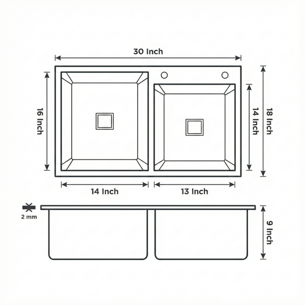 Premium SS 304 Grade Double Different Bowl Kitchen Sink, Matte, 32x18x9 In, 25 Years Warranty