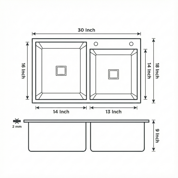 Premium SS 304 Grade Double Different Bowl Kitchen Sink, Matte, 32x18x9 In, 25 Years Warranty