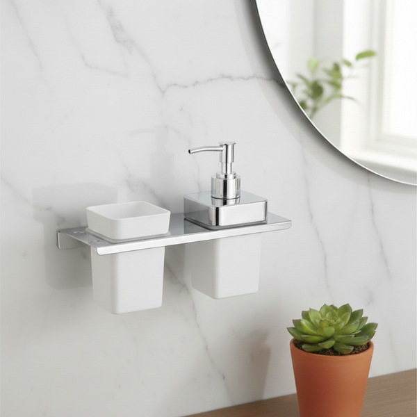 BASSINO Stylish Toothbrush Tumbler & Liquid Soap Dispenser For Bathroom/office/home-SS 304 & PTMT Material-CHROME FINISH