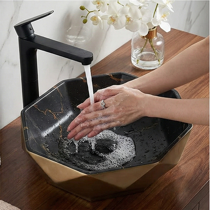 Premium Designer Ceramic Table Top Wash Basin, Bronze & Black Marble Matt (16 x 16 x 5.5 In) EQP-1048