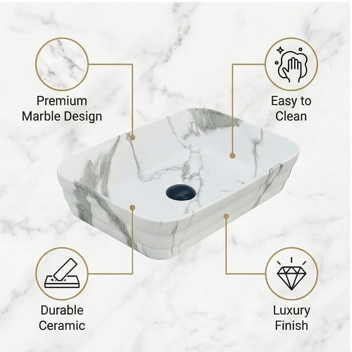 Matte Marble Finish Rectangular Countertop Bathroom Sink Wash Basin (20" × 14" × 5" IN) White