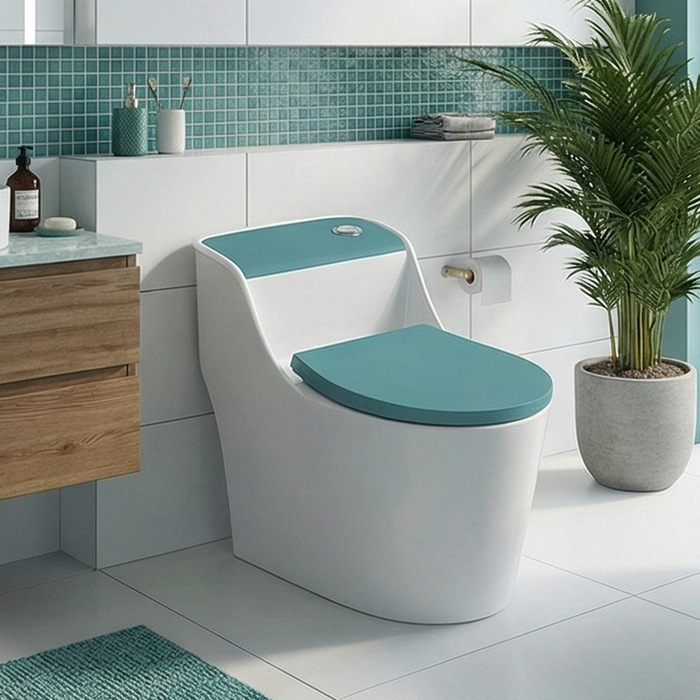 Modern bathroom with a white toilet and teal seat cover, wooden vanity, and potted plant.
