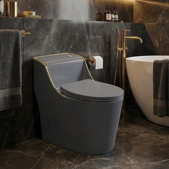 Luxury Rimless One-Piece Western Toilet | Designer Floor Mounted WC | Approx. 27 × 17 × 25 Inches Grey