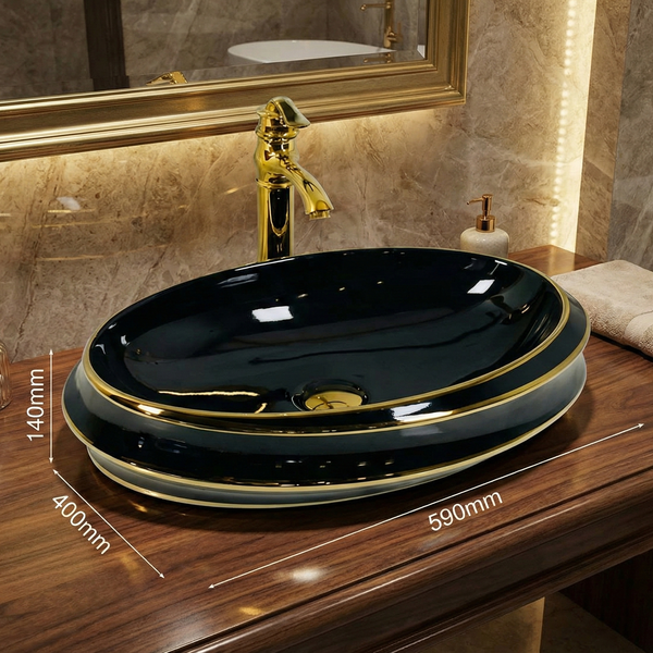 Premium Designer Ceramic Table Top Wash Basin, Black-Gold Glossy (23.5 x 16 x 5.5 In) ZXTT/738