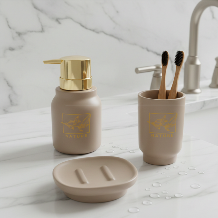 Ceramic 3-Piece Bathroom Accessory Set – Premium Gold Print Series Beige