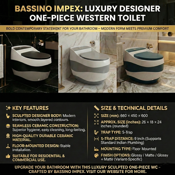 Luxury Designer One-Piece Western Toilet | Glossy + Matte Finish Floor Mounted WC | Approx. 26 × 18 × 24 Inches Black