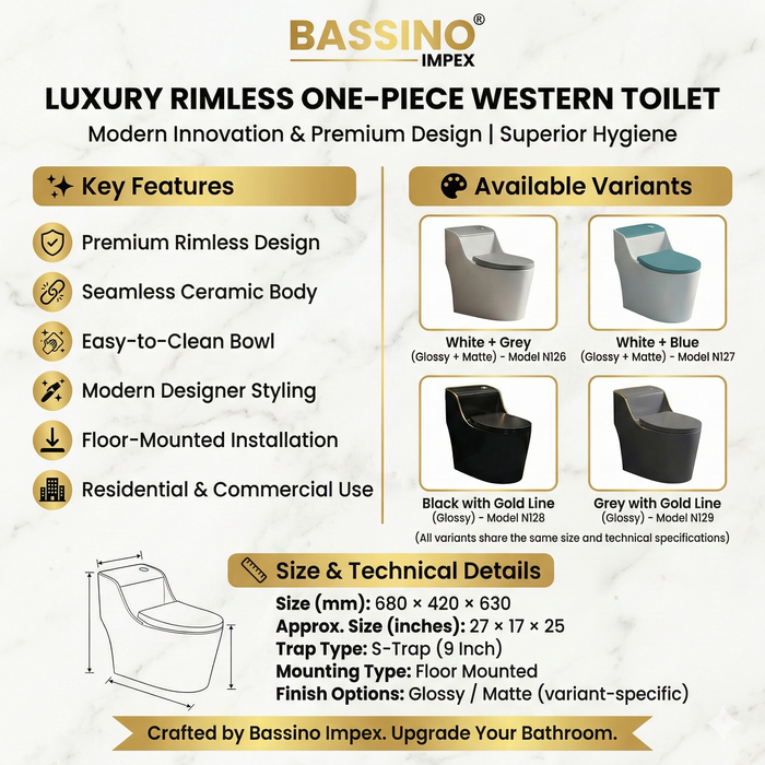 Luxury Rimless One-Piece Western Toilet | Designer Floor Mounted WC | Approx. 27 × 17 × 25 Inches Black