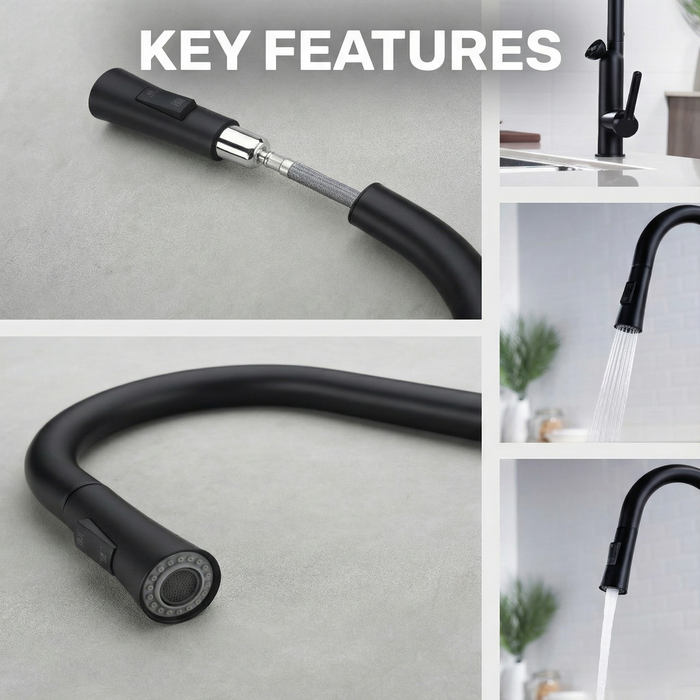 BASSINO KITPRO Smart Kitchen Faucet – Pull Down Spray with Temperature Display, Black Matt | Hot & Cold | 3 Years Warranty