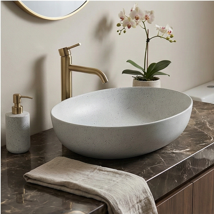 Terrazzo Matt White Countertop Wash Basin | Modern Oval Stone Sink (20″ × 16″ × 6″ IN)