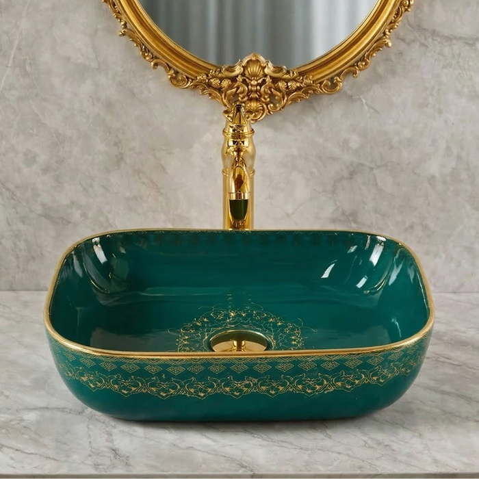 Green & Gold Designer Countertop Wash Basin | 18 × 13 × 5 Inch Luxury Bathroom Basin