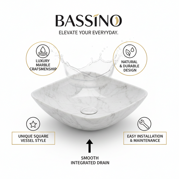 Premium Designer Ceramic Table Top Wash Basin, Glossy Marble Finish (16 x 16 x 6.5 In) EQP-1054