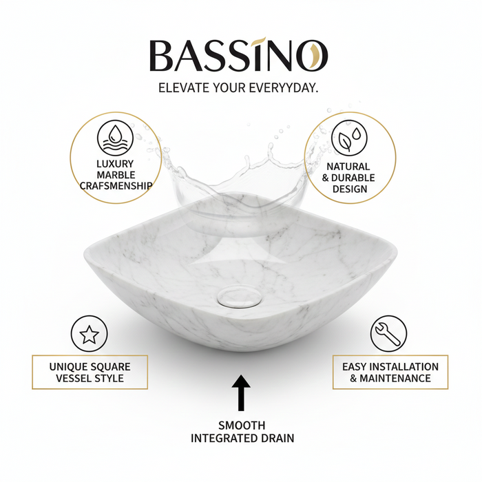 Premium Designer Ceramic Table Top Wash Basin, Glossy Marble Finish (16 x 16 x 6.5 In) EQP-1054