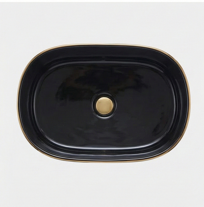 Premium Designer Ceramic Table Top Wash Basin, Rose Gold detailing Glossy finish (20 x 12 x 6 In) Black