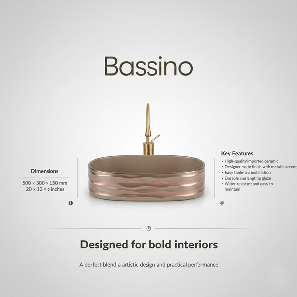 Bassino Premium Table Top Wash Basin – 20 × 12 × 6 Inches | Matte Dark Khaki & Rose Gold