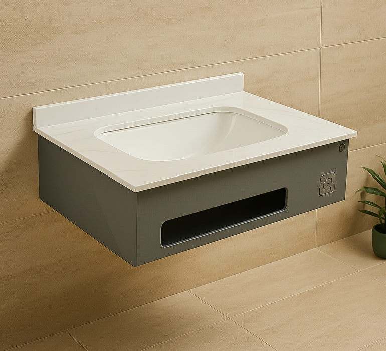 White Metal Shelf with White Rock Stone & GVT Slab Top with Basin (24x18x8 In)