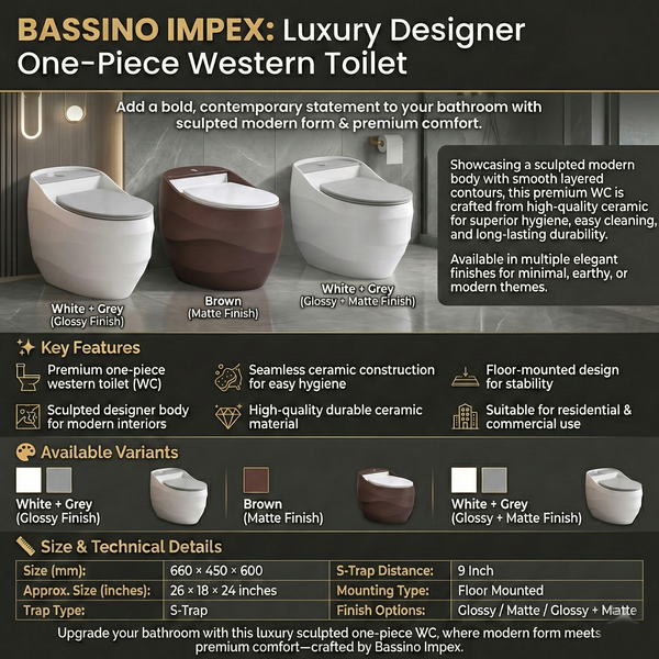 Luxury Designer One-Piece Western Toilet | Modern Sculpted Floor Mounted WC | Approx. 26 × 18 × 24 Inches White