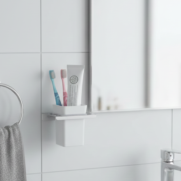 BASSINO Stylish Toothbrush Tumbler Holder For Bathroom-SS 304 & PTMT Material-CHROME FINISH