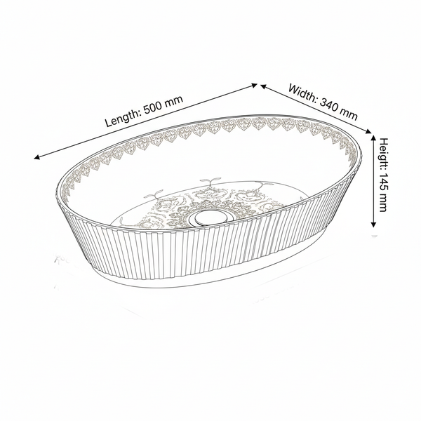 Luxury Oval Table Top Wash Basin – Glossy White with Rose Gold Pattern | Designer Bathroom Basin (20″ × 13″ × 6″ IN) BTT-11722