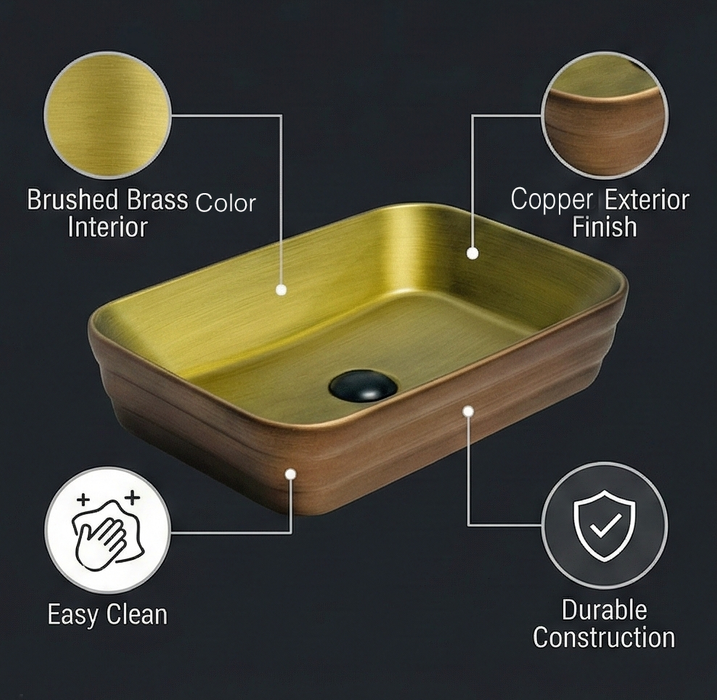 Antique Copper Designer Bathroom Sink Rectangular Countertop Wash Basin 20 × 14 × 5 Inches